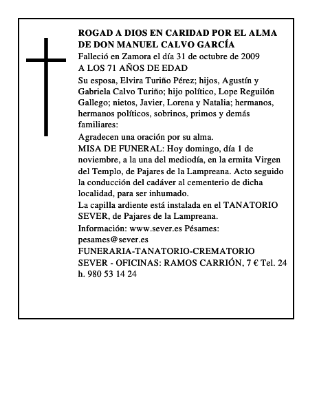 ROGAD A DIOS EN CARIDAD POR EL ALMA DE DON MANUEL CALVO GARCÍA