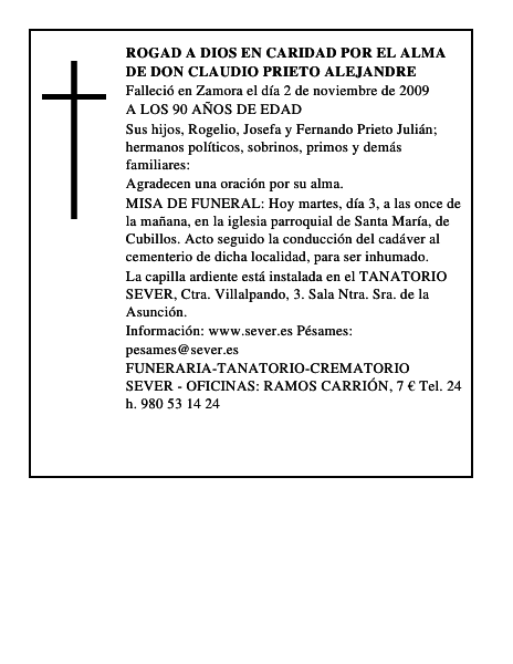 ROGAD A DIOS EN CARIDAD POR EL ALMA DE DON CLAUDIO PRIETO ALEJANDRE