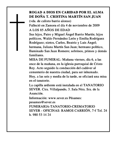 ROGAD A DIOS EN CARIDAD POR EL ALMA DE DOÑA T. CRISTINA MARTÍN SAN JUAN