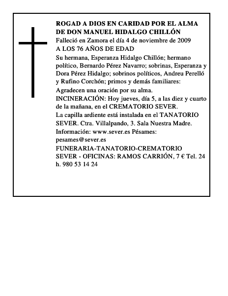ROGAD A DIOS EN CARIDAD POR EL ALMA DE DON MANUEL HIDALGO CHILLÓN