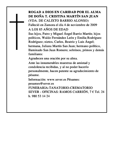 ROGAD A DIOS EN CARIDAD POR EL ALMA DE DOÑA T. CRISTINA MARTÍN SAN JUAN