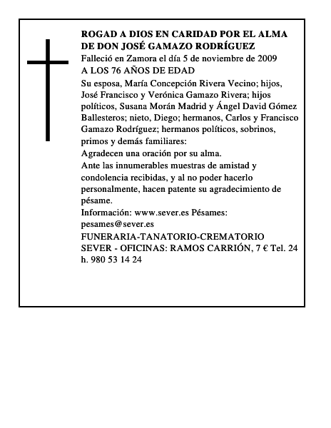 ROGAD A DIOS EN CARIDAD POR EL ALMA DE DON JOSÉ GAMAZO RODRÍGUEZ