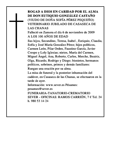 ROGAD A DIOS EN CARIDAD POR EL ALMA DE DON EUTIQUIO GONZÁLEZ CASTAÑO