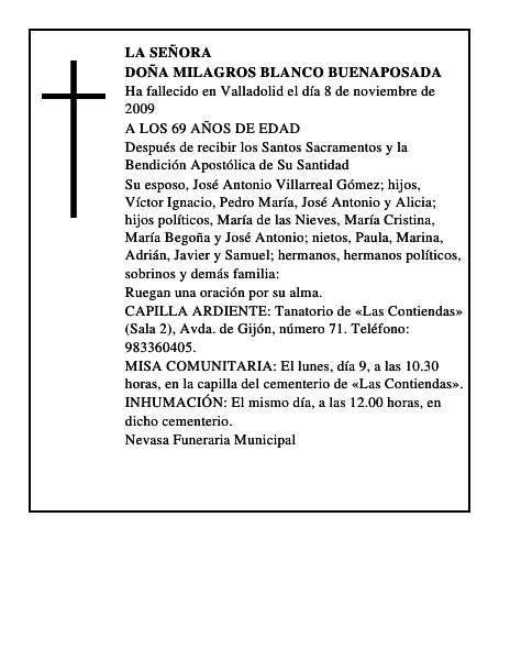 DOÑA MILAGROS BLANCO BUENAPOSADA