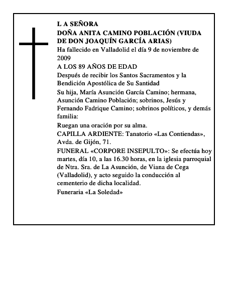 DOÑA ANITA CAMINO POBLACIÓN (VIUDA DE DON JOAQUÍN GARCÍA ARIAS)
