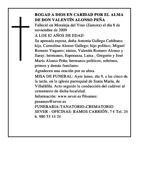 ROGAD A DIOS EN CARIDAD POR EL ALMA DE DON VALENTÍN ALONSO PEÑA