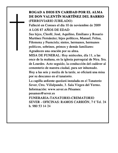 ROGAD A DIOS EN CARIDAD POR EL ALMA DE DON VALENTÍN MARTÍNEZ DEL BARRIO