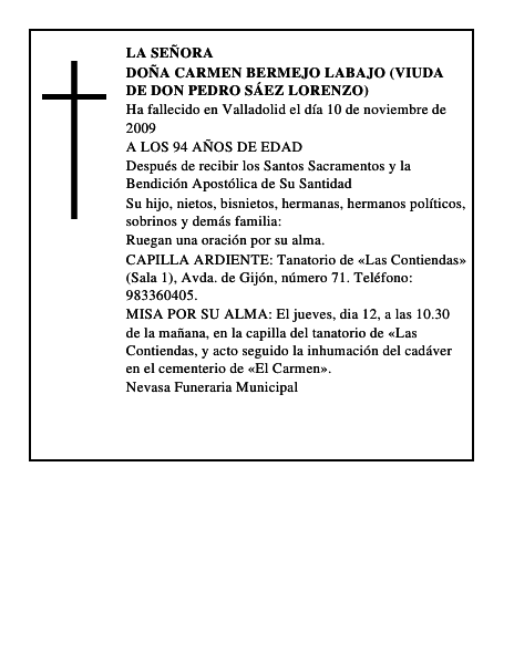 DOÑA CARMEN BERMEJO LABAJO (VIUDA DE DON PEDRO SÁEZ LORENZO)