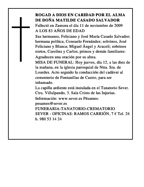 ROGAD A DIOS EN CARIDAD POR EL ALMA DE DOÑA MATILDE CASADO SALVADOR
