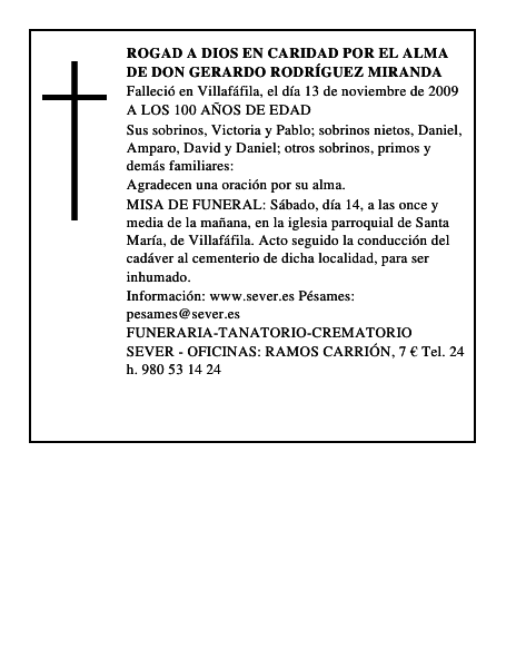 ROGAD A DIOS EN CARIDAD POR EL ALMA DE DON GERARDO RODRÍGUEZ MIRANDA