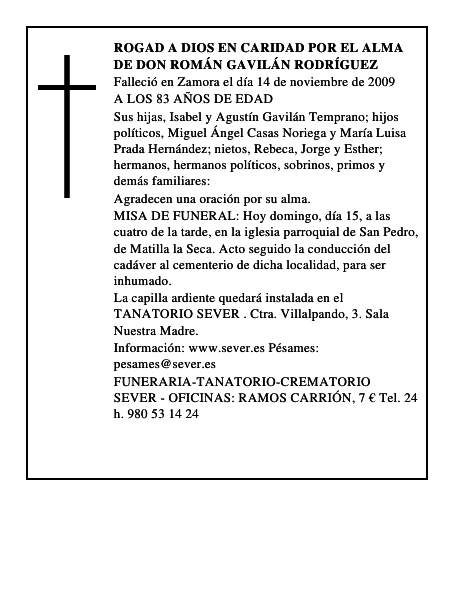 ROGAD A DIOS EN CARIDAD POR EL ALMA DE DON ROMÁN GAVILÁN RODRÍGUEZ