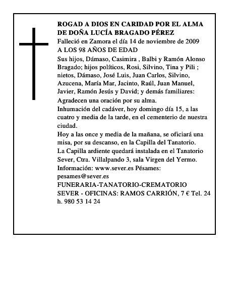 ROGAD A DIOS EN CARIDAD POR EL ALMA DE DOÑA LUCÍA BRAGADO PÉREZ