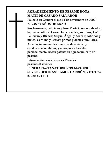 AGRADECIMIENTO DE PÉSAME DOÑA MATILDE CASADO SALVADOR