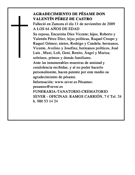 AGRADECIMIENTO DE PÉSAME DON VALENTÍN PÉREZ DE CASTRO