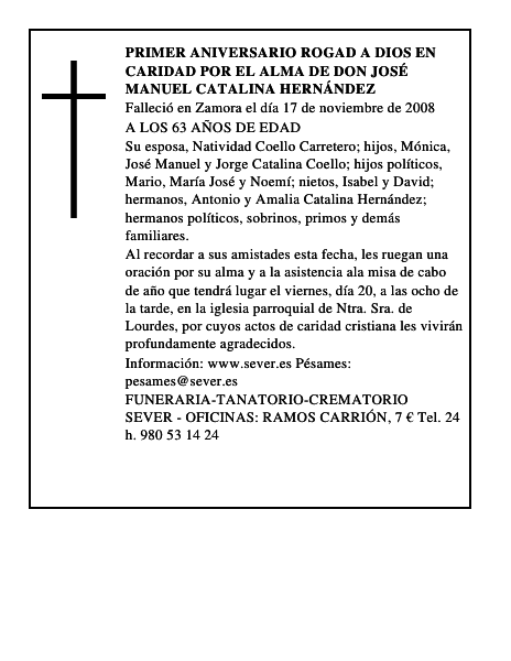 PRIMER ANIVERSARIO rogad a dios en caridad por el alma de DON JOSÉ MANUEL CATALINA HERNÁNDEZ