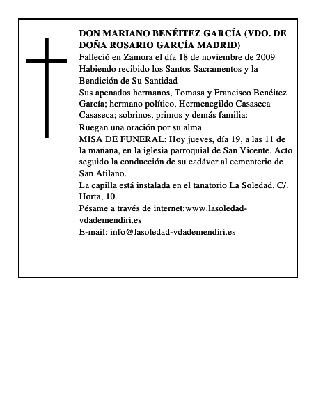 DON MARIANO BENÉITEZ GARCÍA (VDO. DE DOÑA ROSARIO GARCÍA MADRID)
