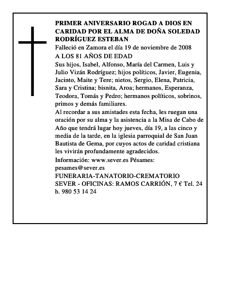 PRIMER ANIVERSARIO rogad a dios en caridad por el alma de DOÑA SOLEDAD RODRÍGUEZ ESTEBAN