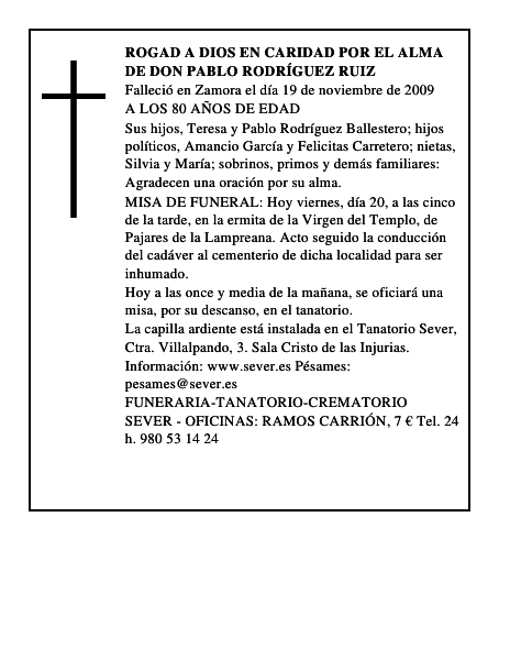 ROGAD A DIOS EN CARIDAD POR EL ALMA DE DON PABLO RODRÍGUEZ RUIZ