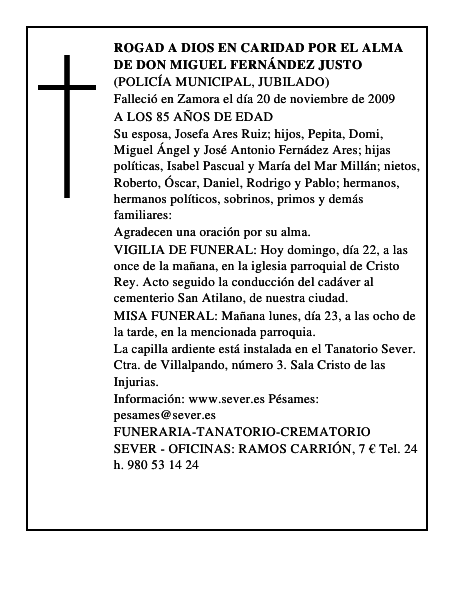 ROGAD A DIOS EN CARIDAD POR EL ALMA DE DON MIGUEL FERNÁNDEZ JUSTO