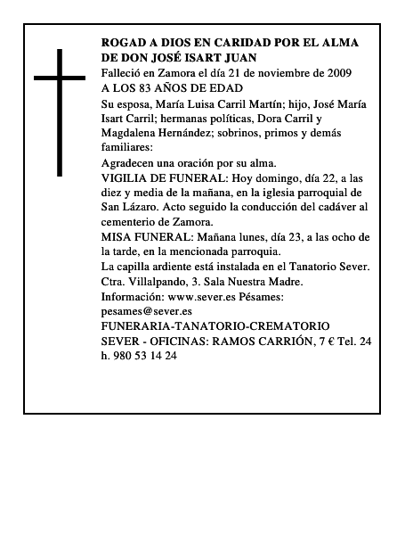 ROGAD A DIOS EN CARIDAD POR EL ALMA DE DON JOSÉ ISART JUAN