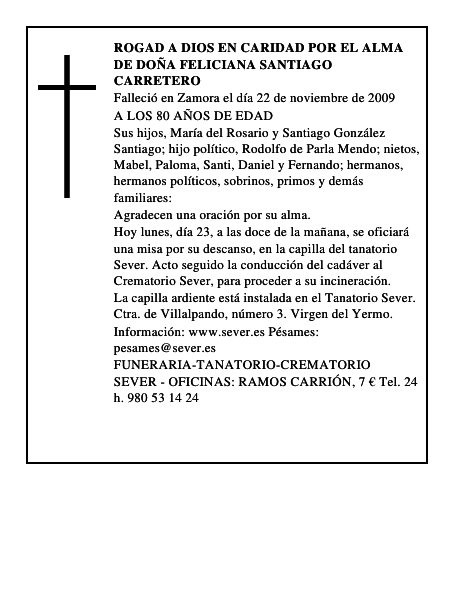 ROGAD A DIOS EN CARIDAD POR EL ALMA DE DOÑA FELICIANA SANTIAGO CARRETERO