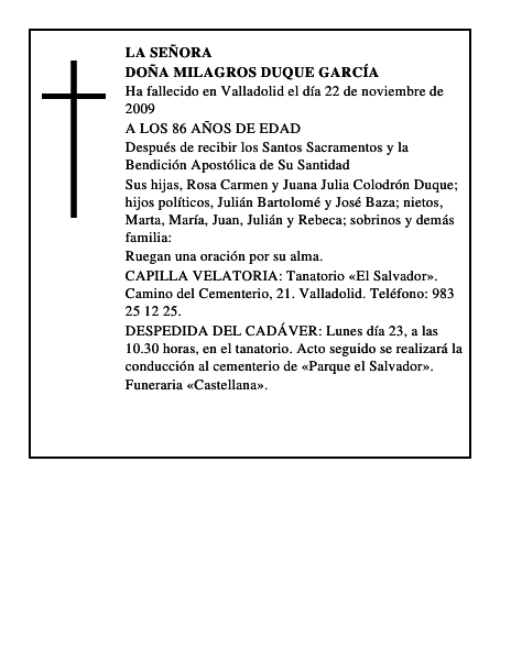 DOÑA MILAGROS DUQUE GARCÍA