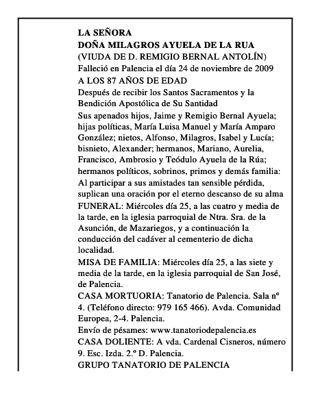 DOÑA MILAGROS AYUELA DE LA RUA