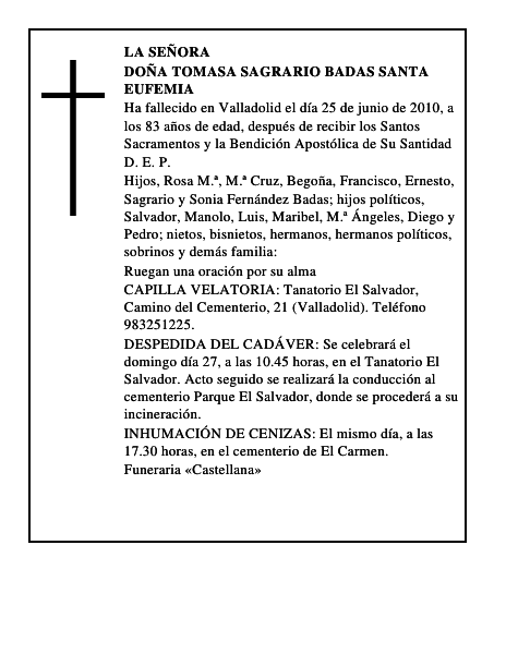 Doña Tomasa Sagrario Badas Santa Eufemia
