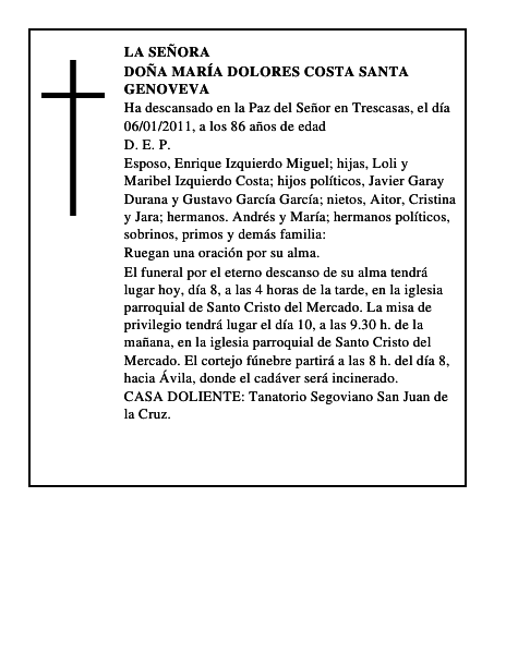 Doña María Dolores Costa Santa Genoveva