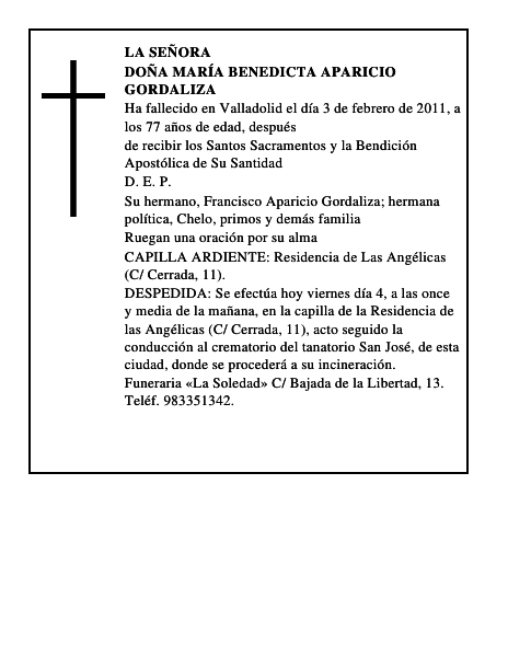 Doña María Benedicta Aparicio Gordaliza