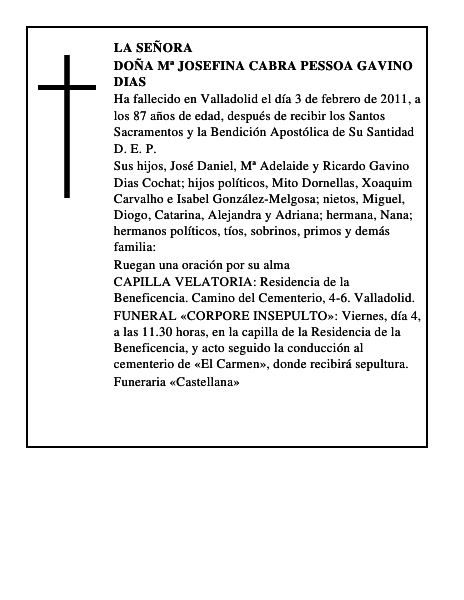 Doña Mª Josefina Cabra Pessoa Gavino Dias