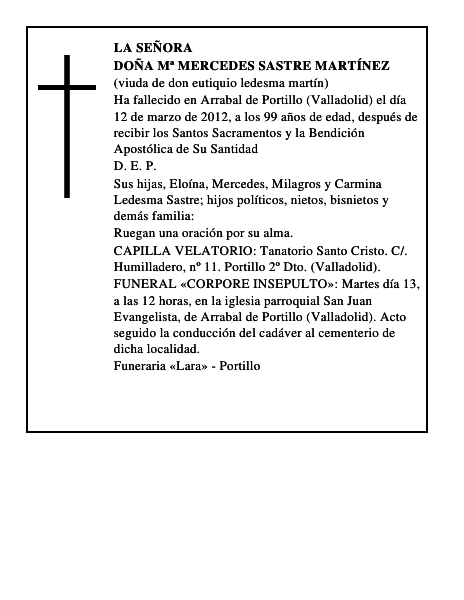 Doña Mª Mercedes Sastre Martínez