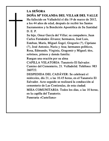 Doña Mª Yolanda del Villar del Valle