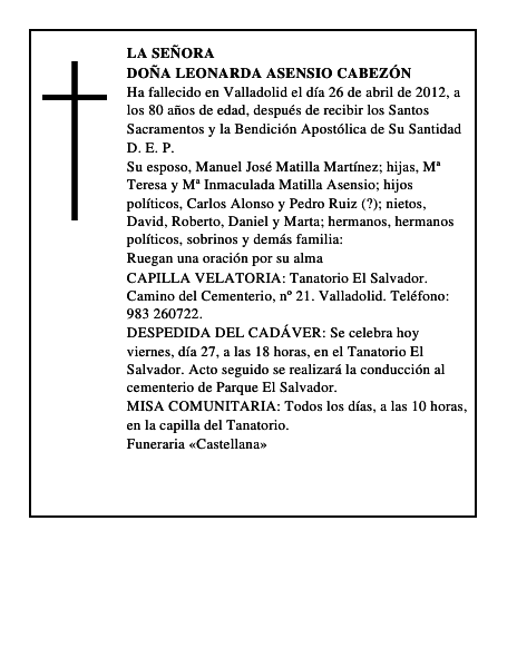 Doña Leonarda Asensio Cabezón
