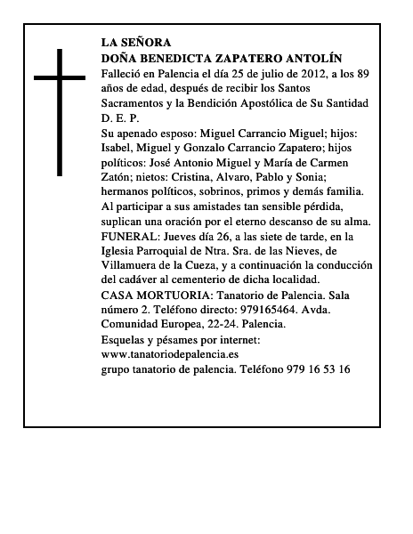 Doña Benedicta Zapatero Antolín