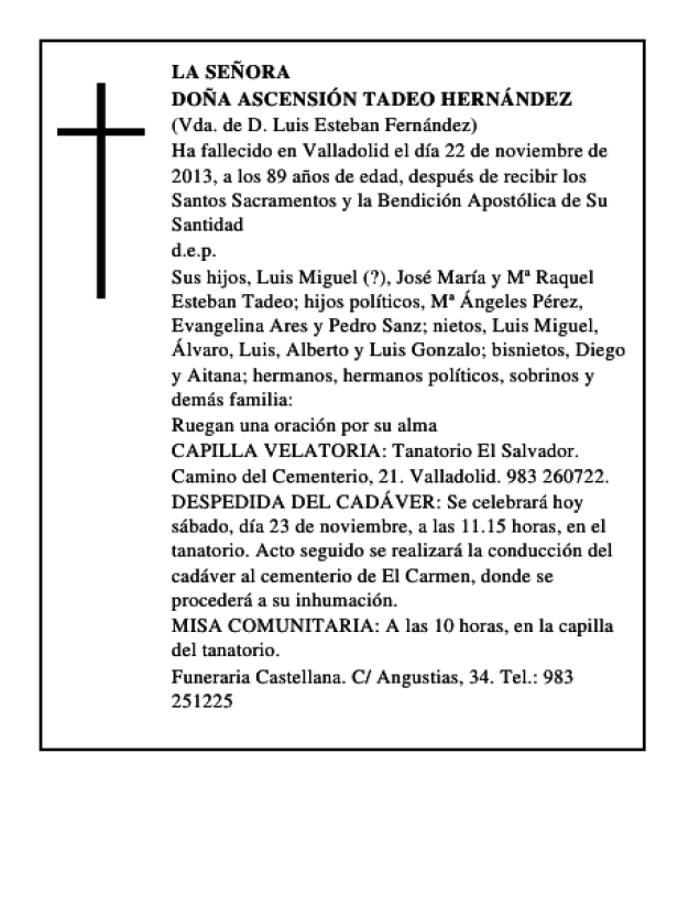 Doña Ascensión Tadeo Hernández | Esquela Necrológica | El Norte de Castilla