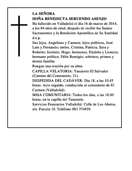 Doña Benedicta Seruendo Asenjo