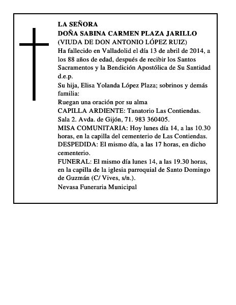 Doña Sabina Carmen Plaza Jarillo