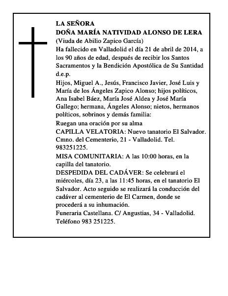 Doña María Natividad Alonso de Lera