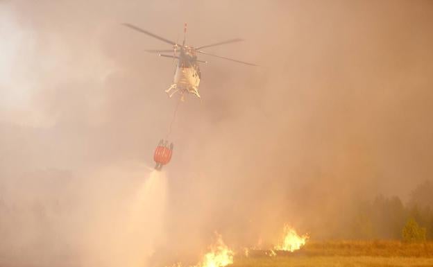 Medios aéreos y terrestres trabajan en la extinción de un incendio en la localidad leonesa de Cubillas de Rueda