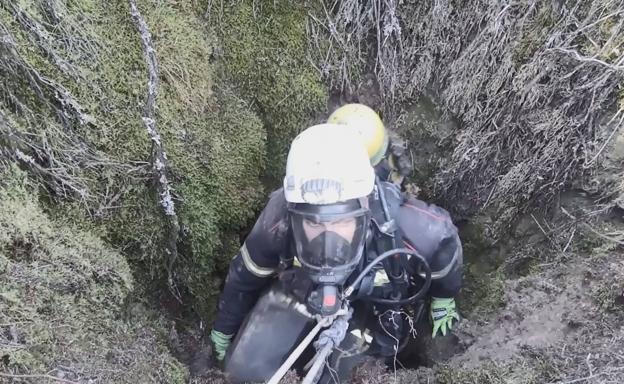 Así fue el difícil rescate de dos perros atrapados en una chimenea en León
