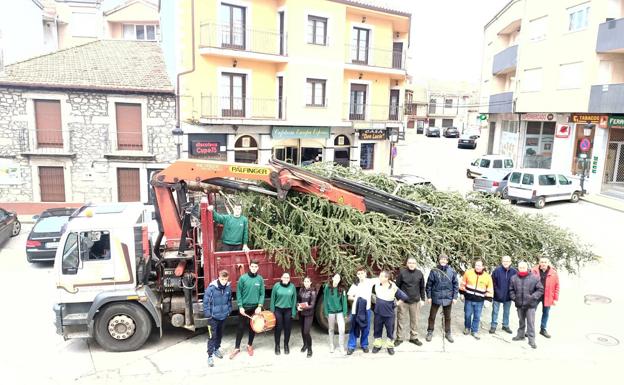 Los quintos de Linares de Riofrío colocan el árbol de Navidad en la Plaza