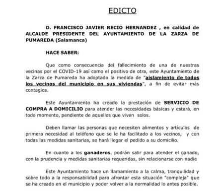 El alcalde de La Zarza de Pumareda ordena el aislamiento de toda la población tras el fallecimiento de una vecina por coronavirus