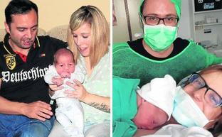 A la izquierda, Diego Hernangómez y Sara Hernández, en su domicilio junto a Marc. A la derecha, Emilio y Myriam López, junto al pequeño Luca./Henar Sastre / El Norte