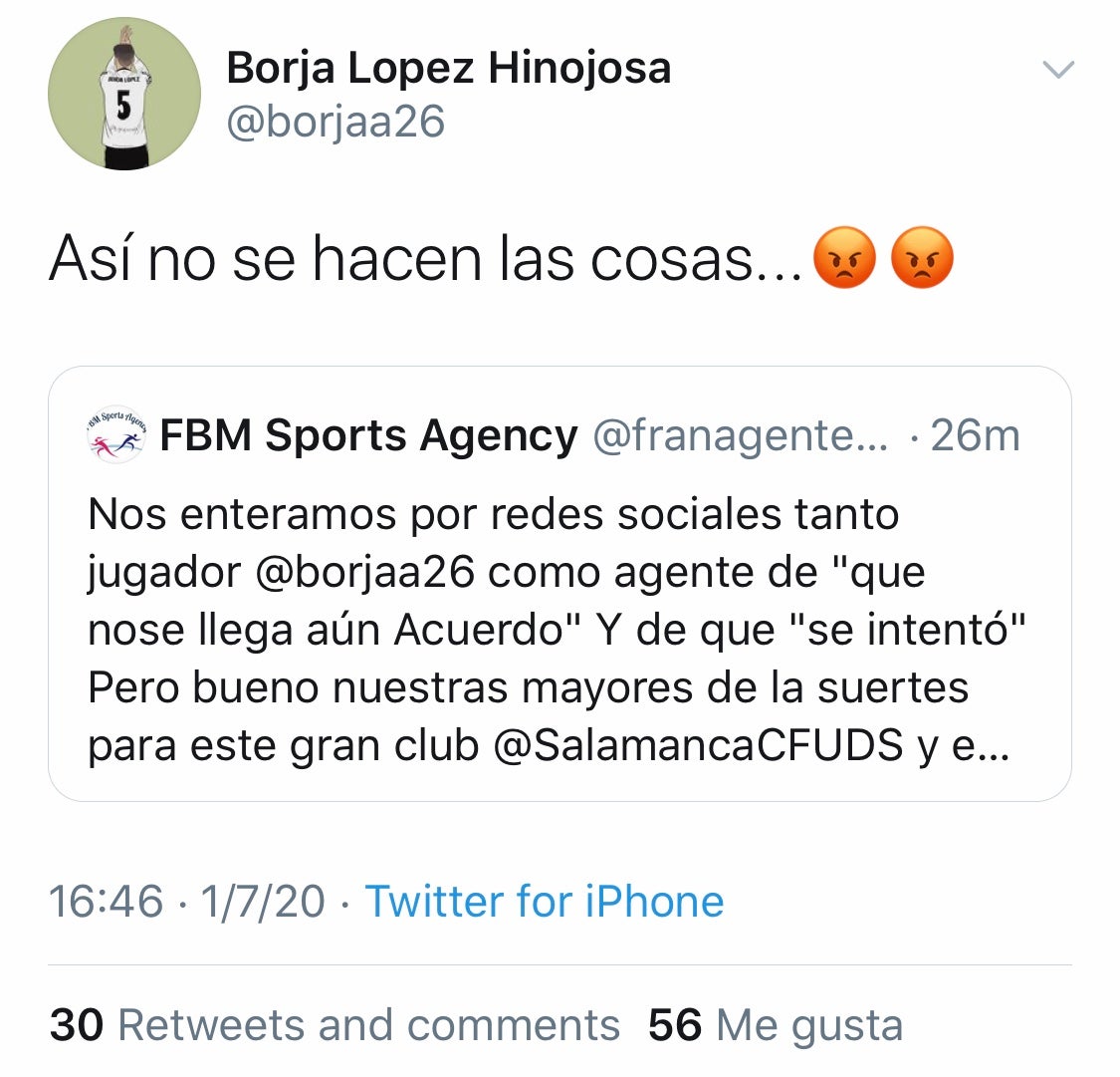 Borja López se entera por las redes sociales que el Salamanca CF UDS no le renueva con la negociación en marcha