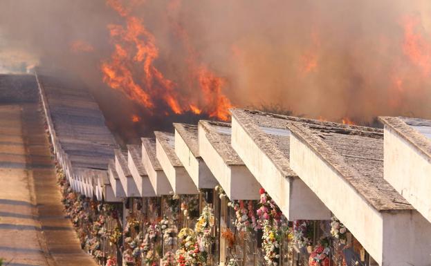 Los Bomberos de Ponferrada trabajan para controlar un incendio en las inmediaciones del cementerio municipal