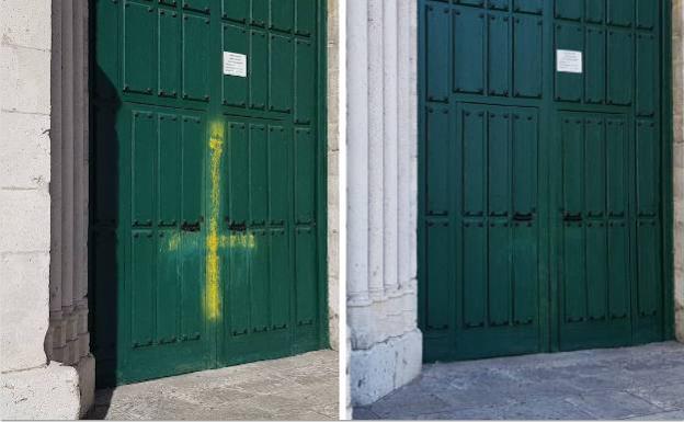 Borran la cruz invertida que habían pintado en la puerta de la iglesia de La Antigua en Valladolid