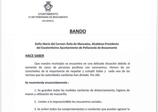 La alcaldesa de Peñaranda emite un bando pidiendo a los vecinos responsabilidad ante el avance de la covid