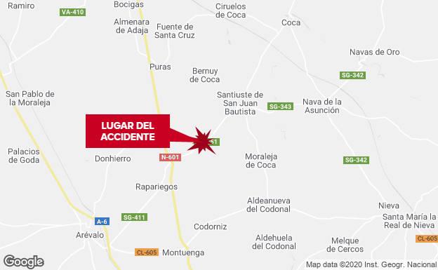 Herido el conductor de un camión cisterna con gasoil que volcó en Santiuste de San Juan Bautista