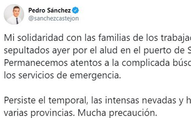 Sánchez se solidariza con las familias de los trabajadores sepultados en el alud de San Isidro